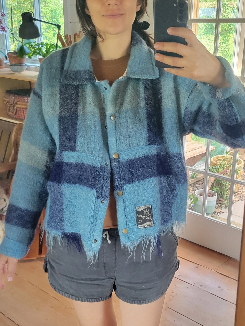 Upcycled Mohair Blanket Jacket Hudson's Bay Company Plaid Blue Wool M • L - Picture 5 of 8